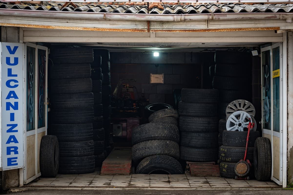 Tire shop with stacked inventory — retail catalog cleanup